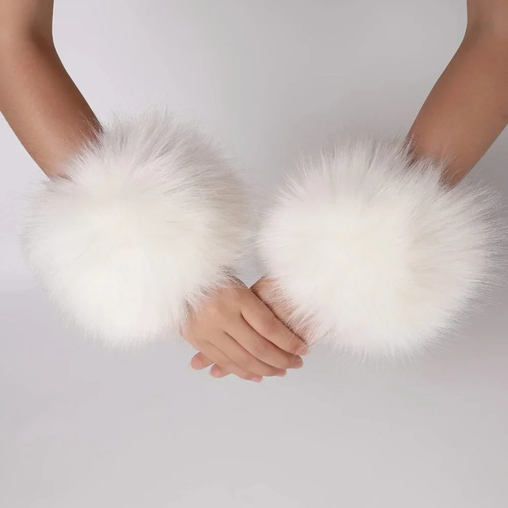 White Fuzzy Faux Fur Pom Pom Wrist Cuffs Furry Bands Arm Warmers‎ Boot Covers